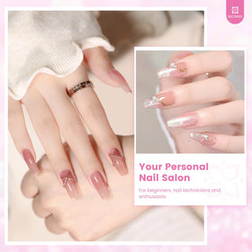 Deciniee assortment of removable nail tips beside a ruler to show size variety