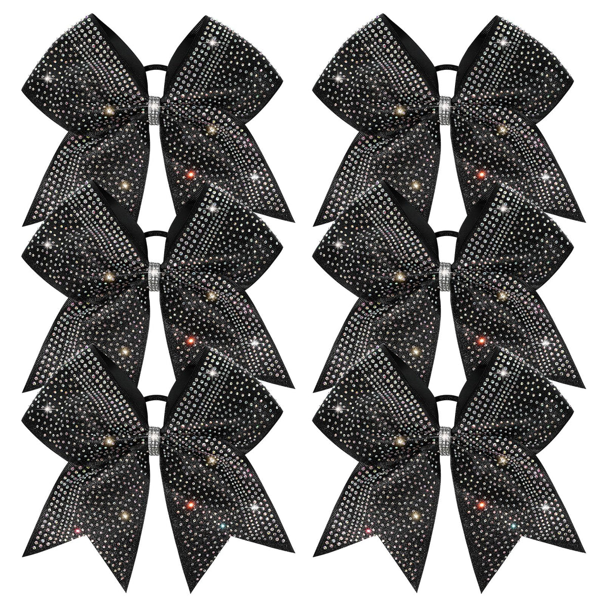 DEEKA front view of six glitter black bows showing team-ready shine