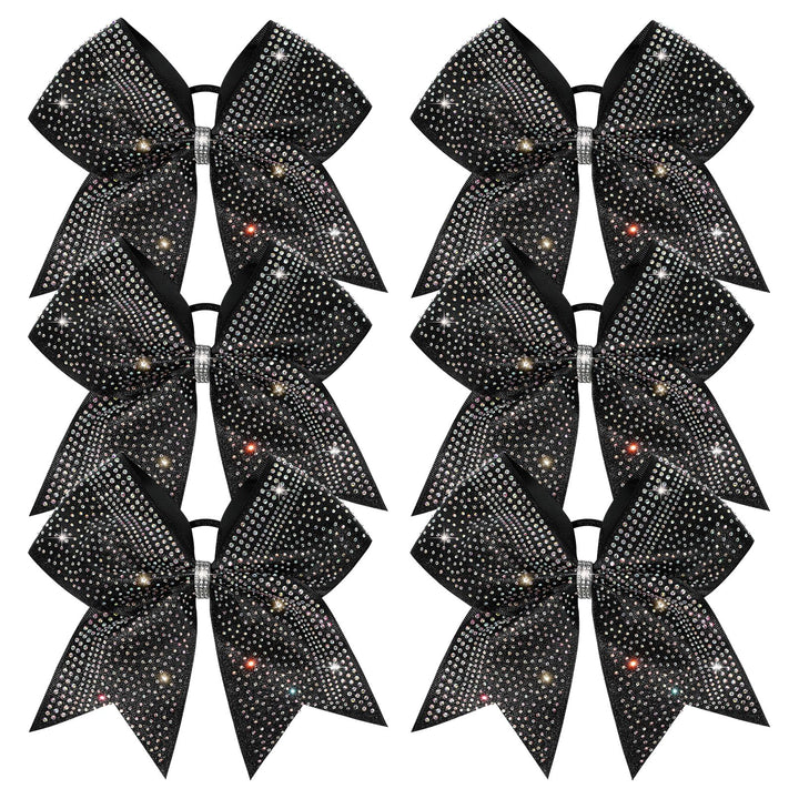 DEEKA front view of six glitter black bows showing team-ready shine