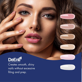 Before and after nails showing overlay transformation using DeEnti acrylic for natural look