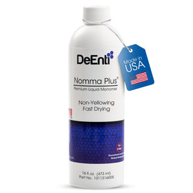 DeEnti bottle front showing 16oz monomer, clear view and professional refill benefit
