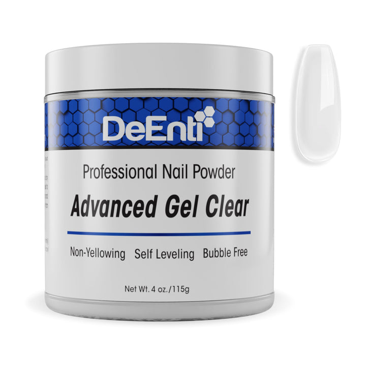 DeEnti clear acrylic powder front packaging showing professional branding and size