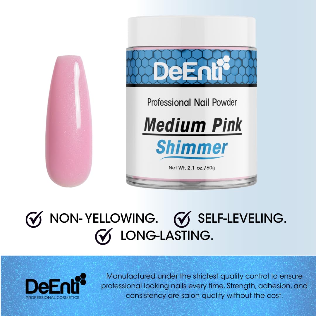 DeEnti close-up of shimmer particles showing fine milling and bubble-free finish