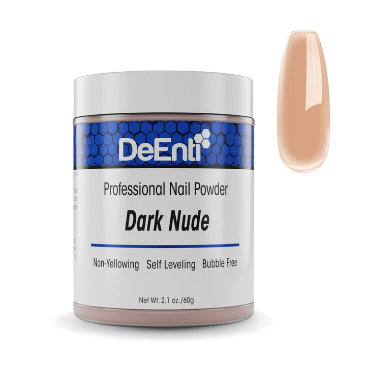 DeEnti jar front view showing dark nude powder and clear labeling for salon-ready results