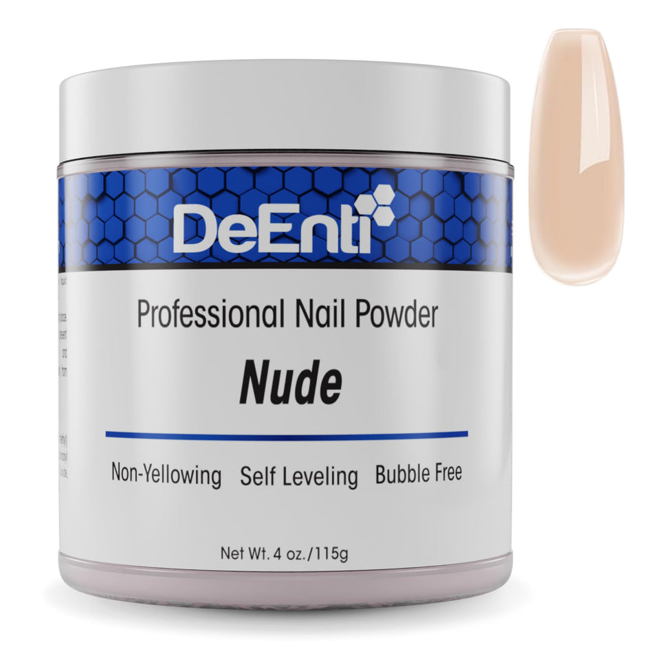 DeEnti jar front view showing 4oz nude acrylic powder for salon-quality finishes