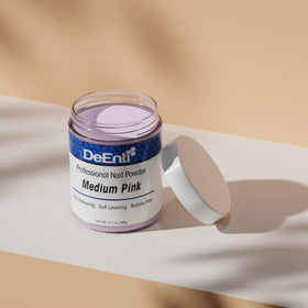 DeEnti finished nail extension created using the medium pink acrylic powder