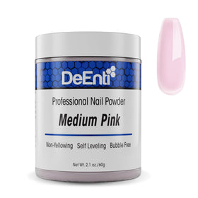 DeEnti jar front view showing medium pink acrylic powder and professional finish