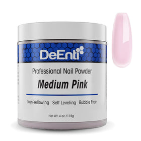 DeEnti jar front view showing medium pink acrylic powder and clear branding