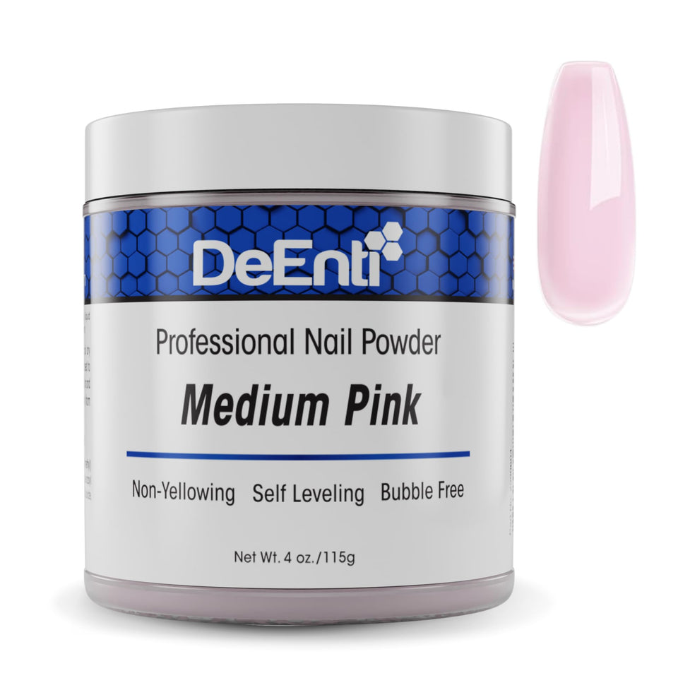 DeEnti jar front view showing medium pink acrylic powder and clear branding