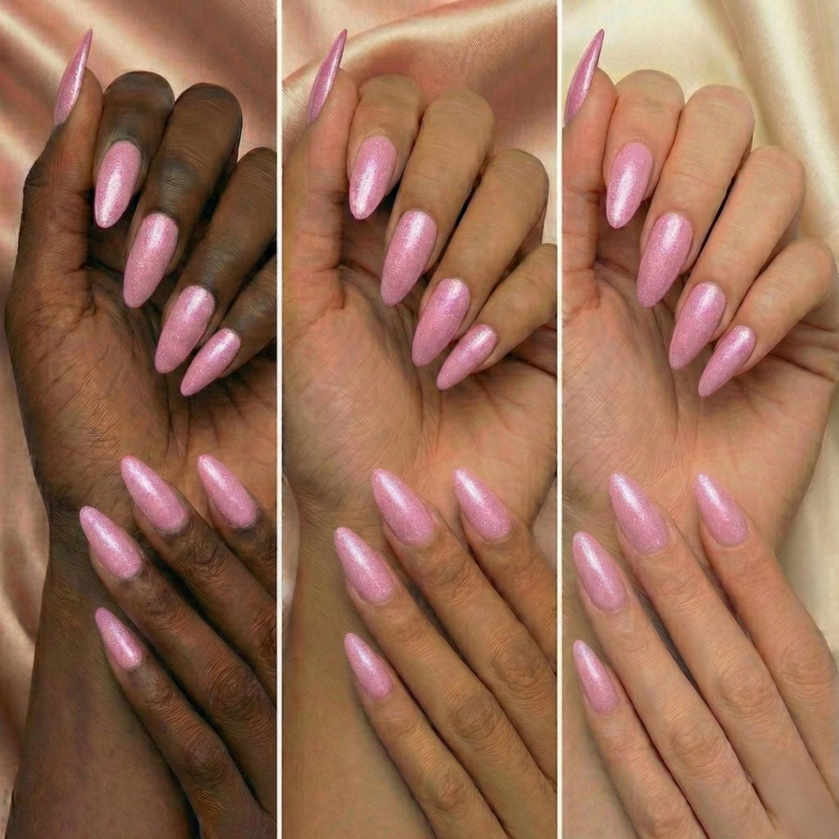 DeEnti sculpted nail extension example showing strong structure and glossy shimmer