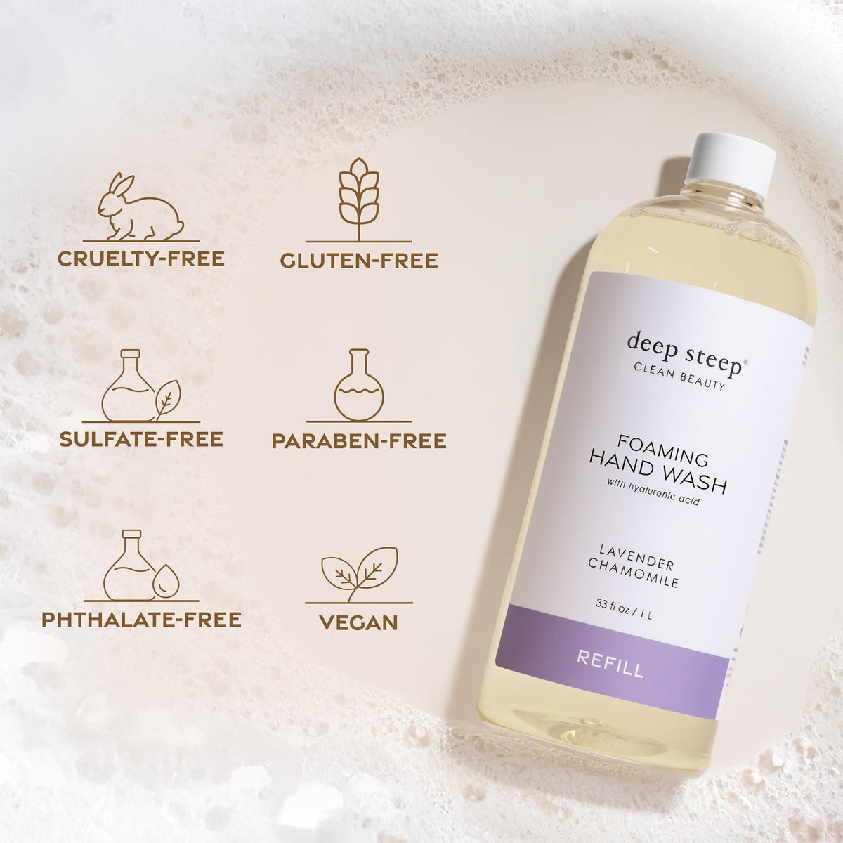 Deep Steep foam lather on hands close-up illustrating gentle cleansing and hydrating feel