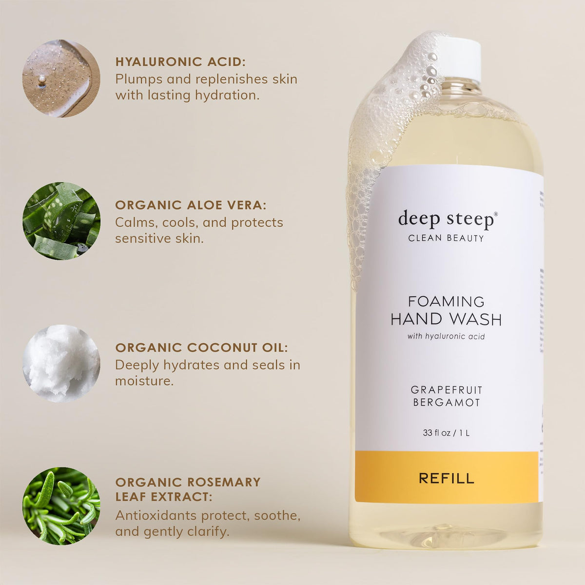 Deep Steep label detail showing ingredients and vegan clean-beauty icons for transparency