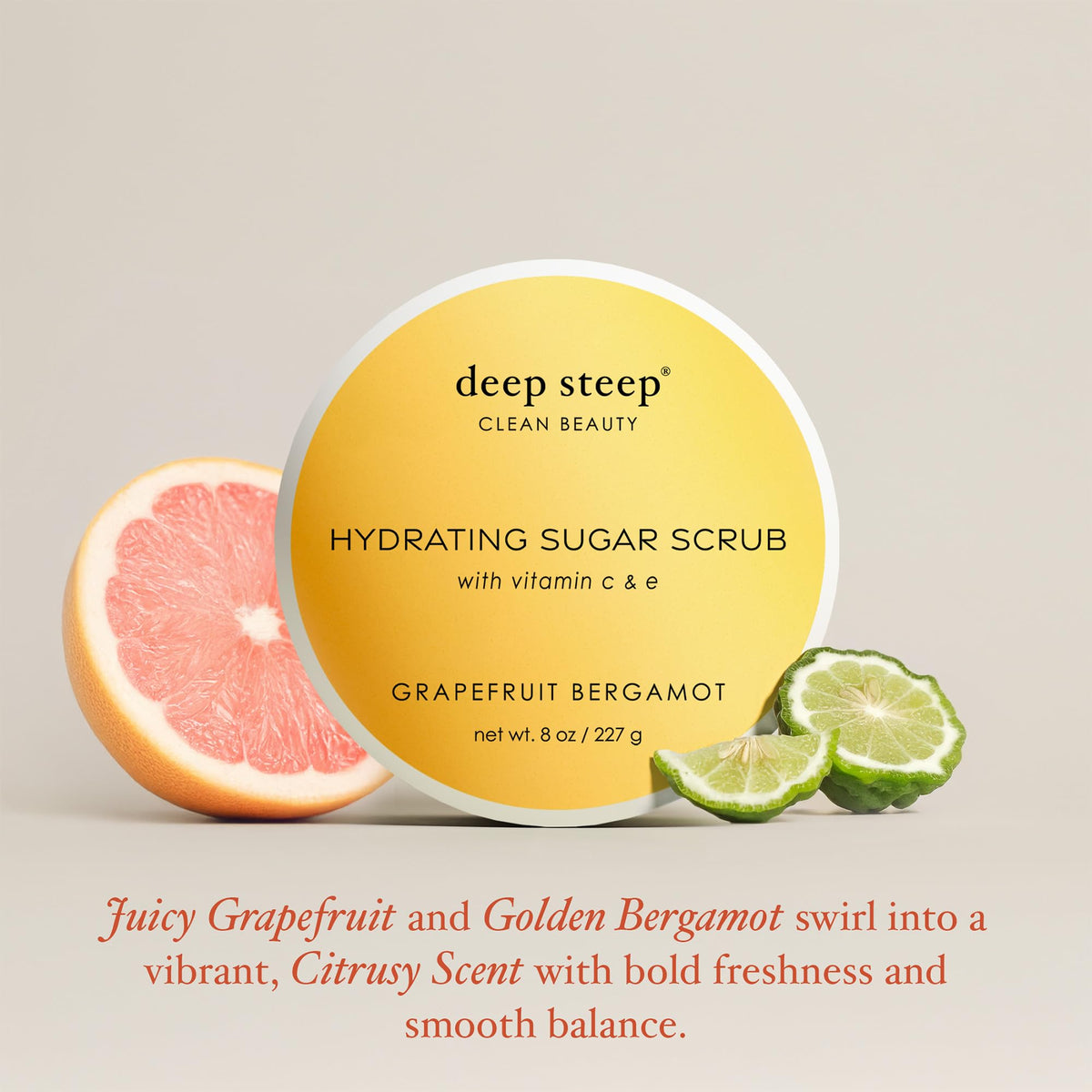 Deep Steep open jar with grapefruit bergamot scrub inviting moisturized skin
