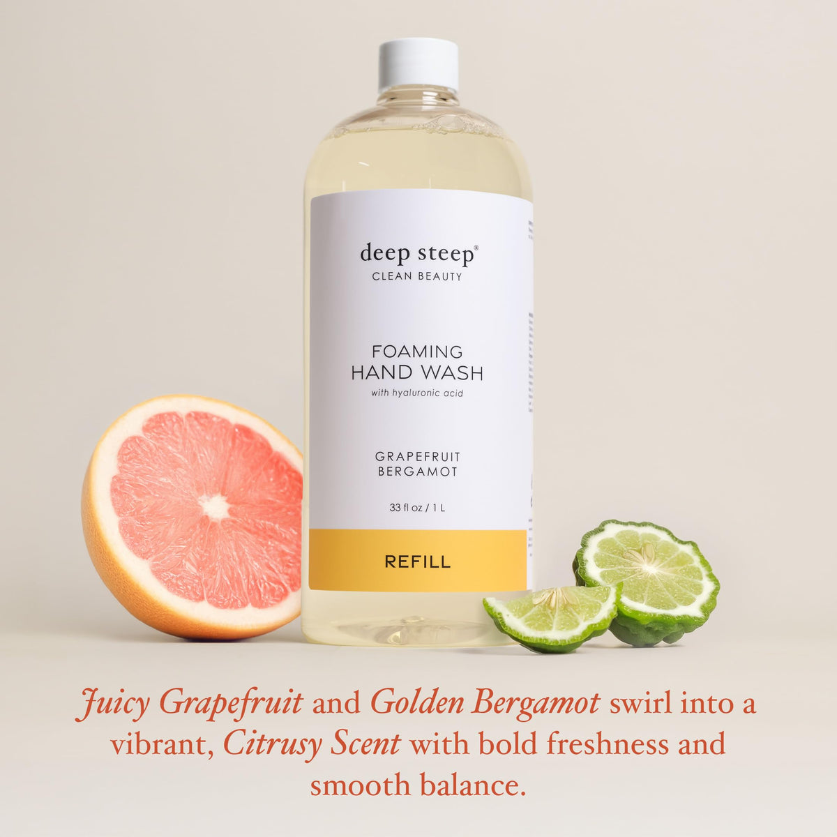 Deep Steep pump dispenser on sink with citrus scent offering convenient daily handwashing