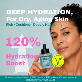 DEEPERCENT serum being dispensed from pump, demonstrates controlled easy use