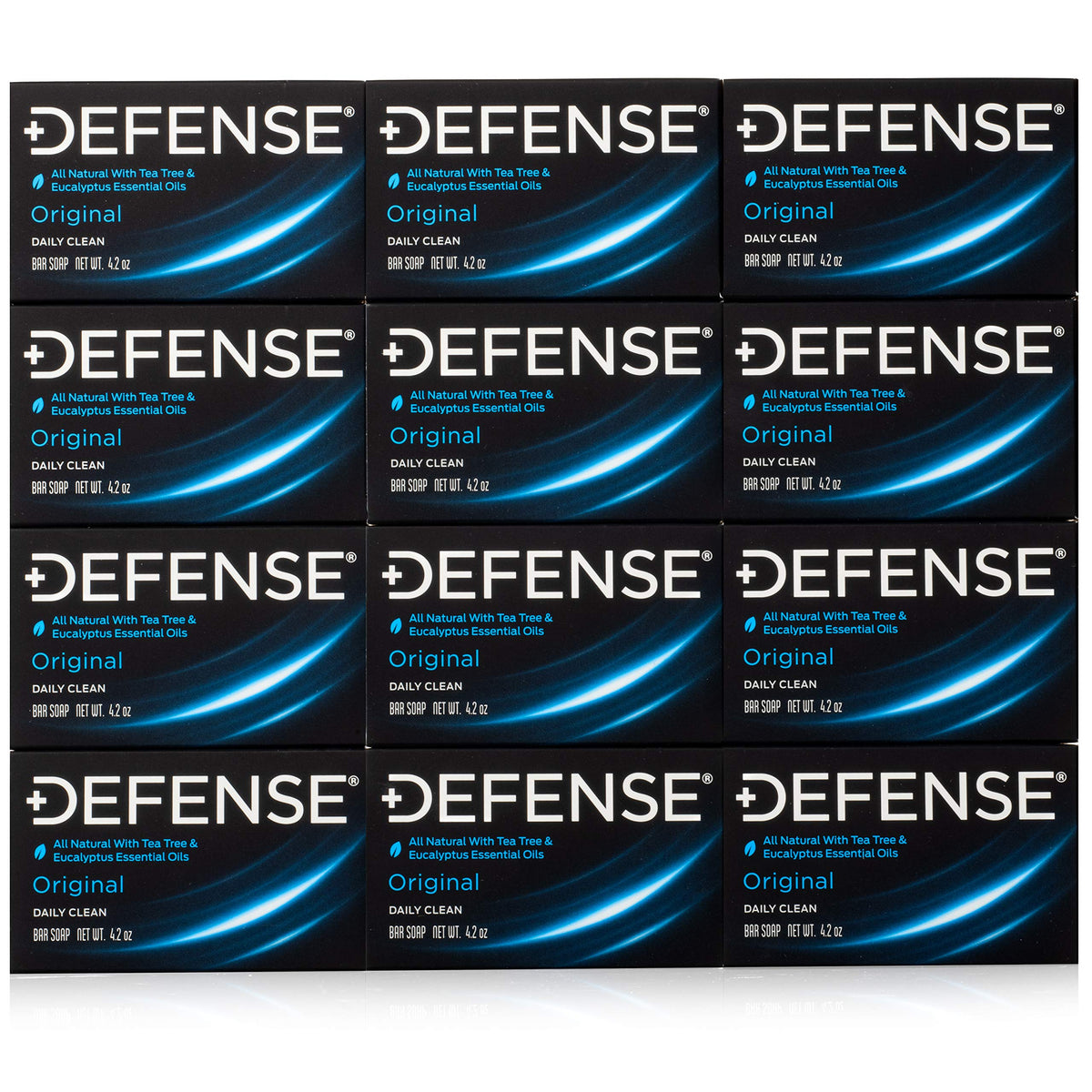Defense Soap front packaging showing 12 natural bars for reliable cleansing