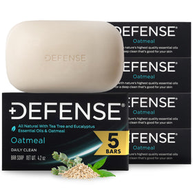 Defense Soap front packaging five-pack showing durable, long-lasting bars benefit