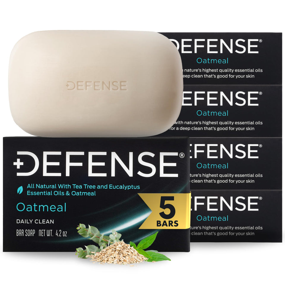 Defense Soap front packaging five-pack showing durable, long-lasting bars benefit