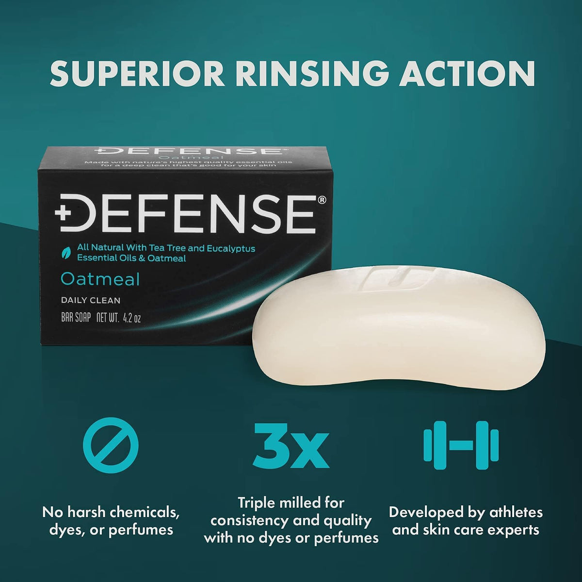 Defense Soap bar on shower shelf illustrating convenient daily use benefit