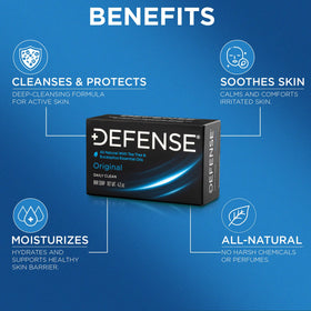 Five Defense Soap bars arranged to show pack quantity and value for frequent gym users