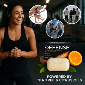 Defense Soap citrus bar thick creamy lather on washcloth demonstrating rich foam for effective cleaning