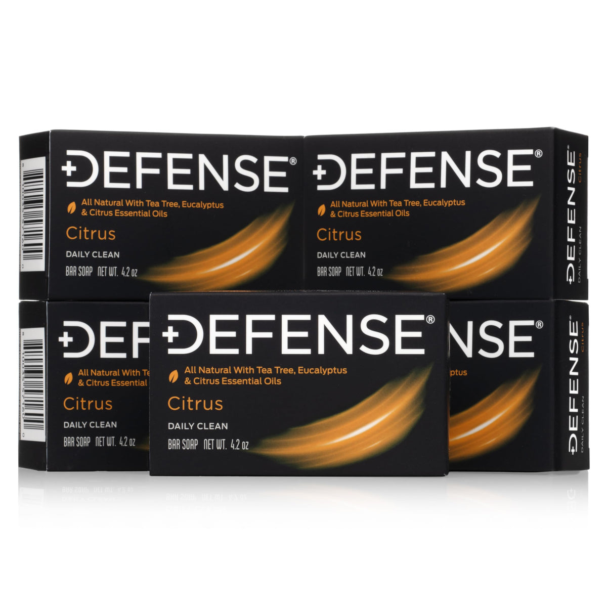 Defense Soap citrus bar front packaging showing five bars and bold branding for post-workout freshness