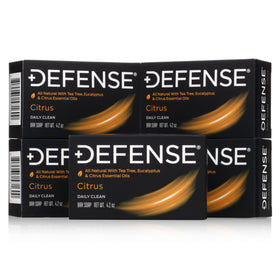 Defense Soap citrus bar front packaging showing five bars and bold branding for post-workout freshness