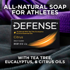 Defense Soap citrus bar with tea tree eucalyptus and citrus oils highlighting natural ingredients and aroma benefit
