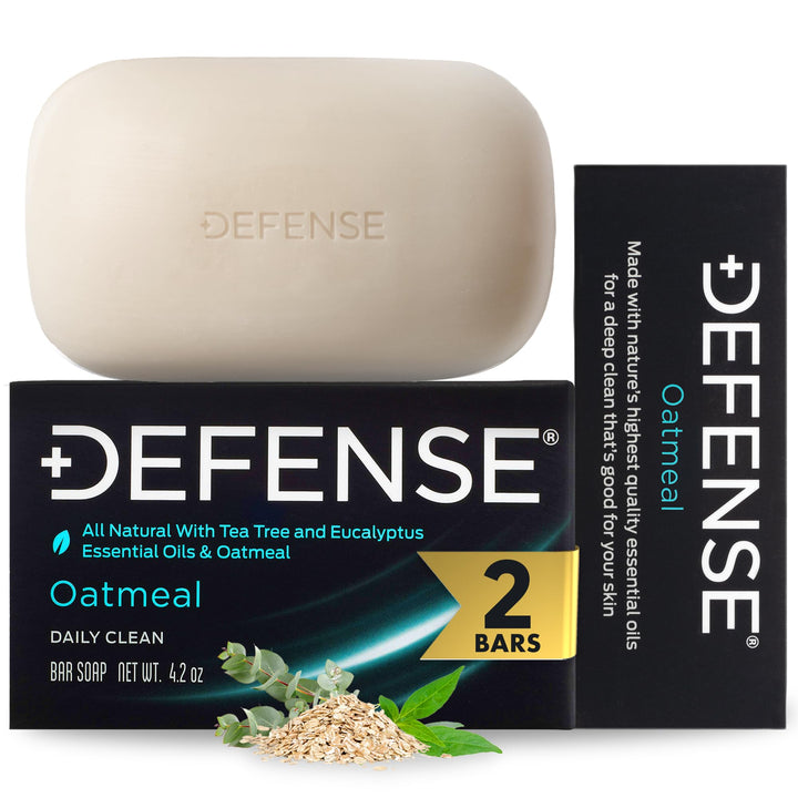 Defense Soap front packaging showing two oatmeal bars and clear labeling benefit