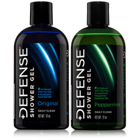 Defense Soap front packaging showing two 12 oz bottles and benefits