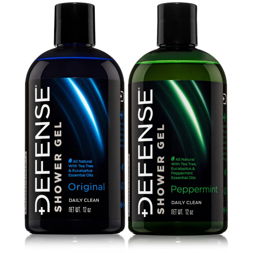 Defense Soap front packaging showing two 12 oz bottles and benefits