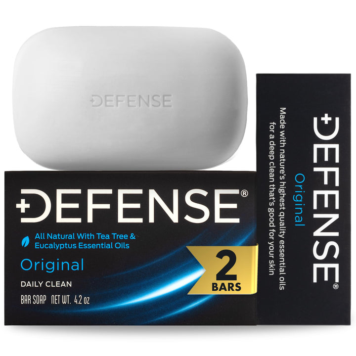 Defense Soap front packaging showing twin bars and clear labeling benefits
