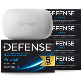 Defense Soap front packaging showing five natural bars and product branding benefit: clear presentation