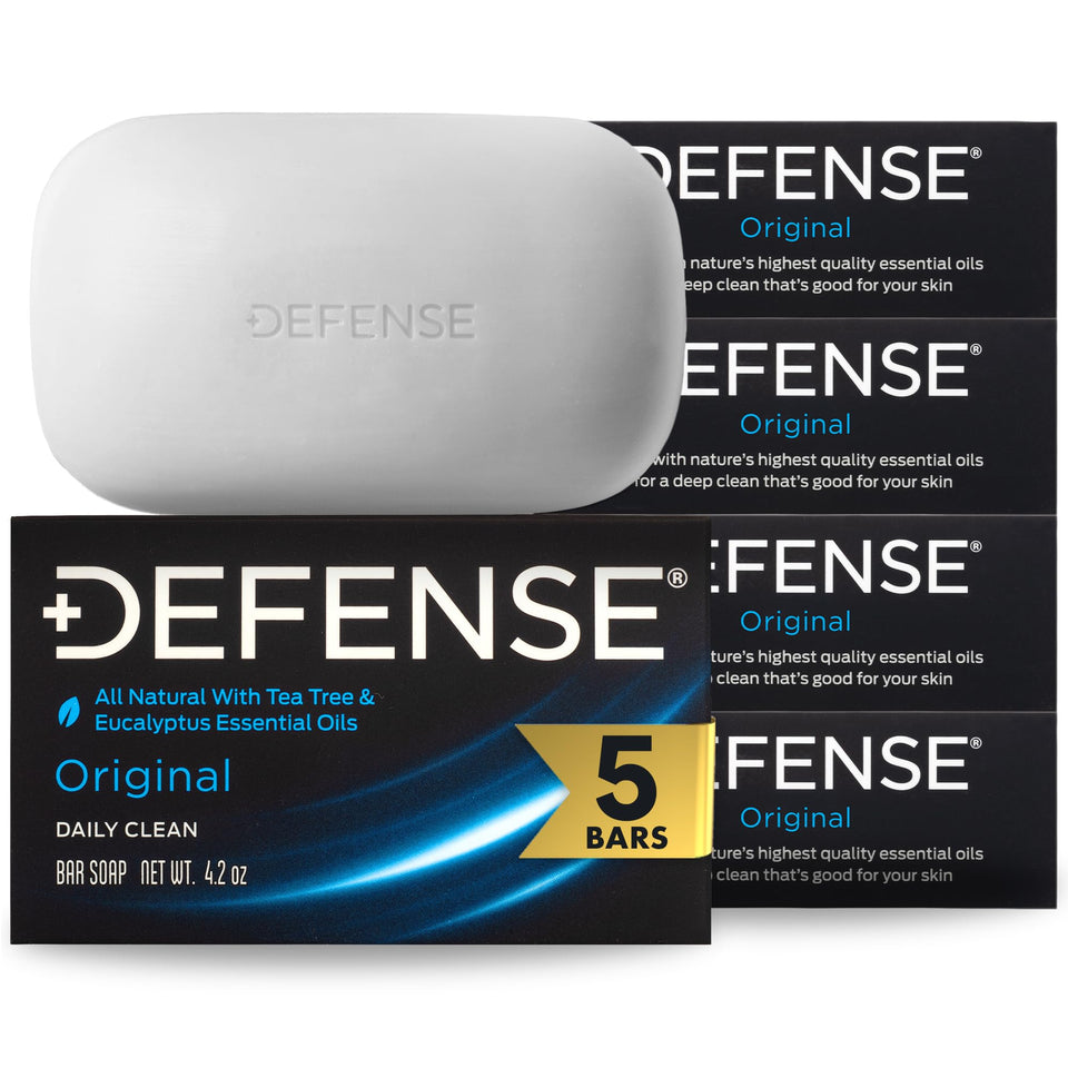 Defense Soap front packaging showing five natural bars and product branding benefit: clear presentation