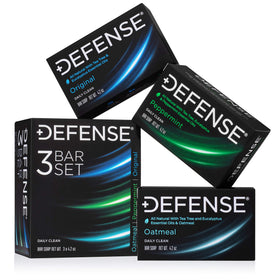 Defense Soap front pack showing three full-size 4.2 oz bars, clear product view and benefit