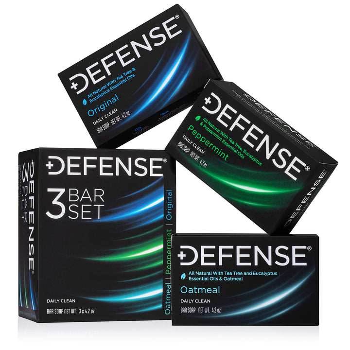Defense Soap front pack showing three full-size 4.2 oz bars, clear product view and benefit