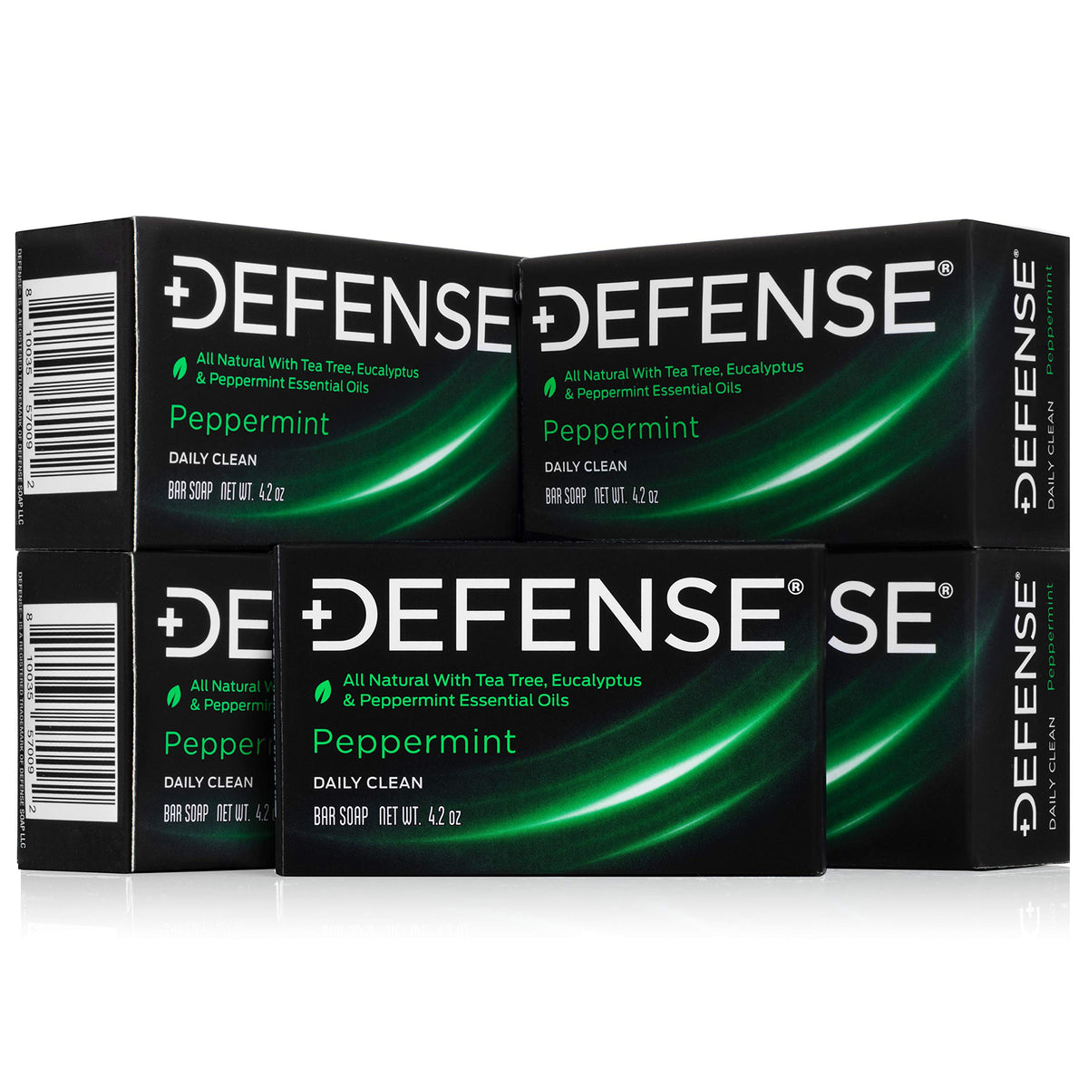 Defense Soap front packaging showing five peppermint bars and benefits