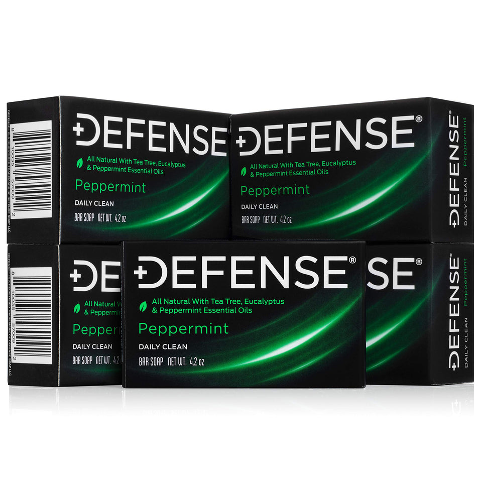 Defense Soap front packaging showing five peppermint bars and benefits