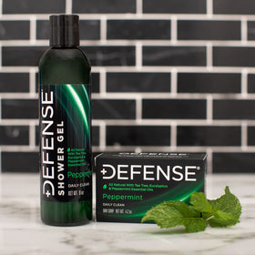 Defense Soap ingredient label closeup showing tea tree and eucalyptus list