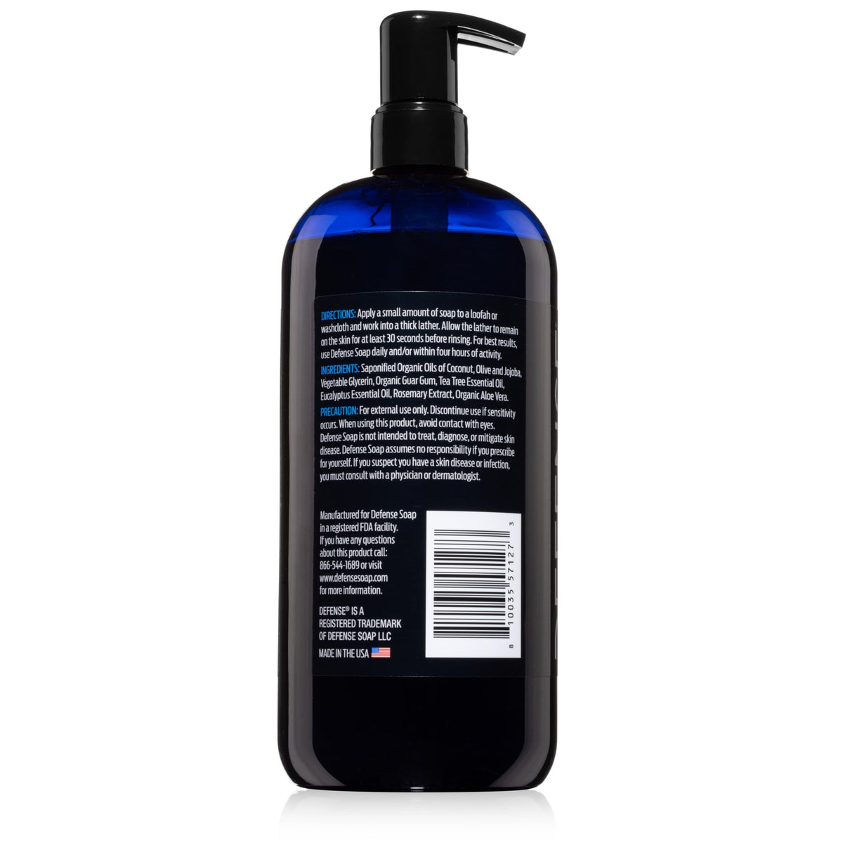 Bottled oils next to Defense Soap, highlights natural tea tree and eucalyptus