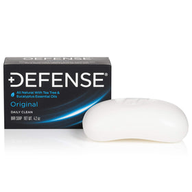 Defense Soap ingredients label detail highlighting tea tree and eucalyptus oils