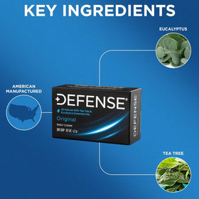 Defense Soap label and ingredients list emphasizing natural essential oils
