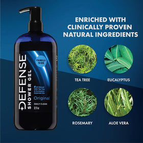 Defense Soap label closeup showing tea tree and eucalyptus detail and benefits
