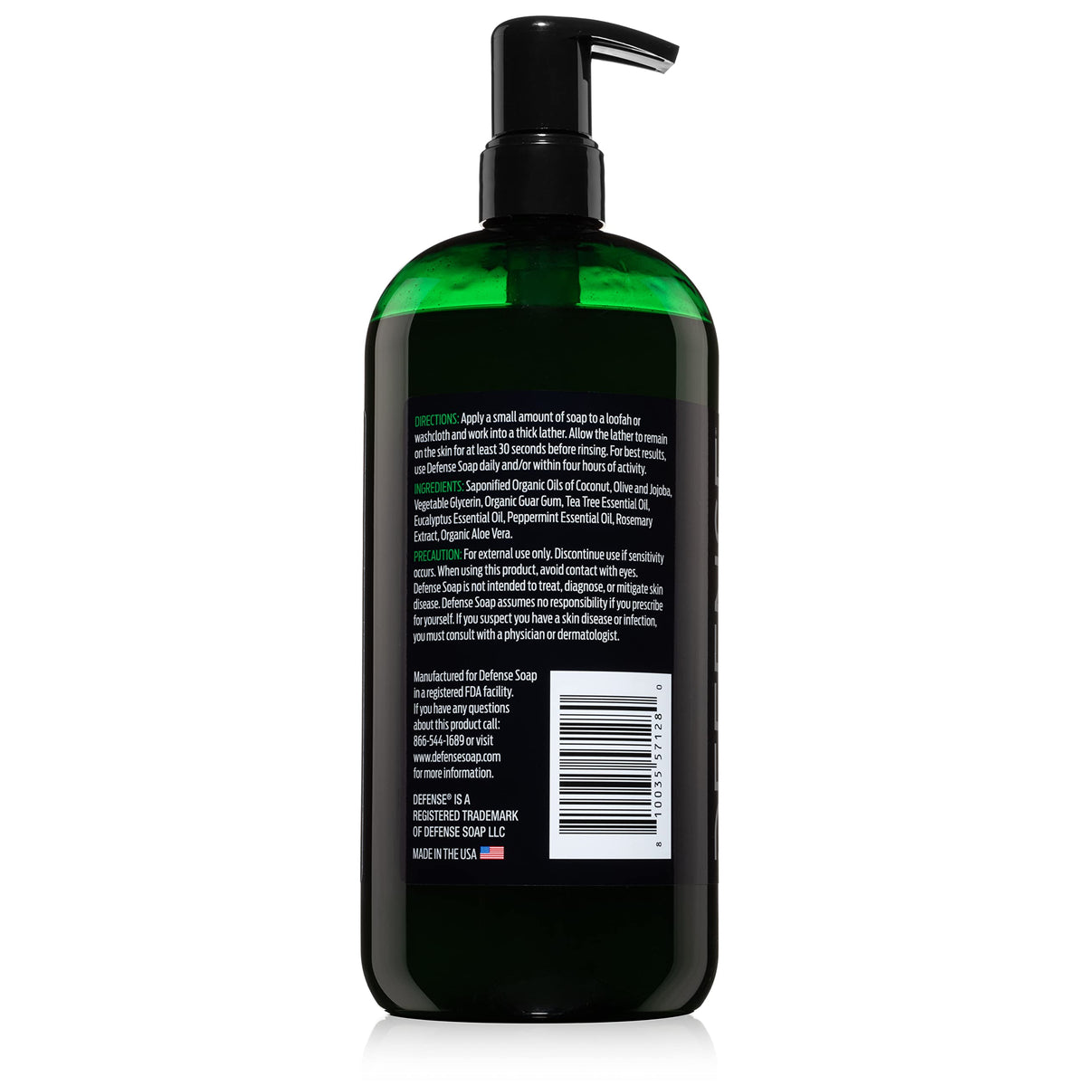 Defense Soap label closeup listing ingredients and natural benefits