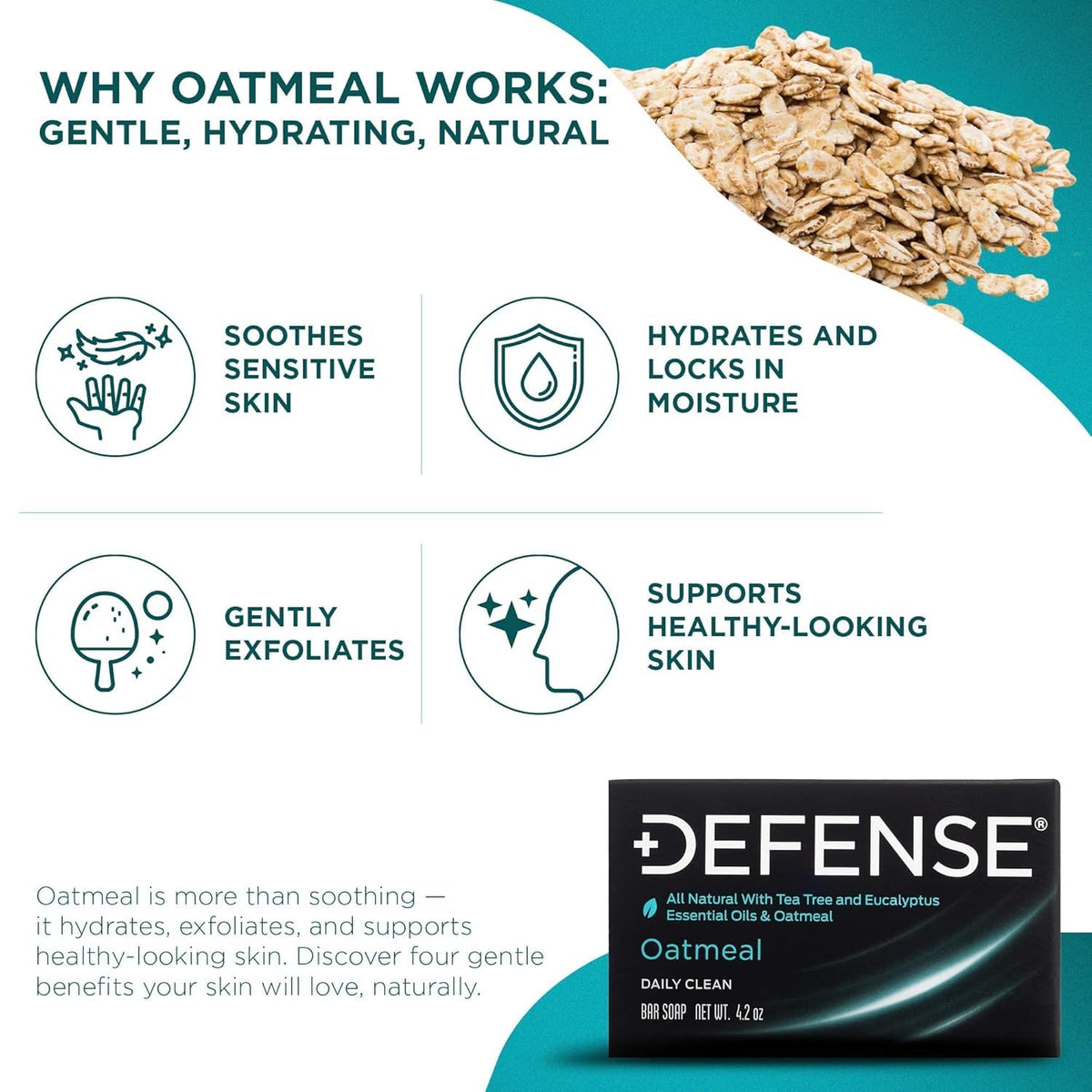 Defense Soap oatmeal ingredient label closeup displays natural formula details