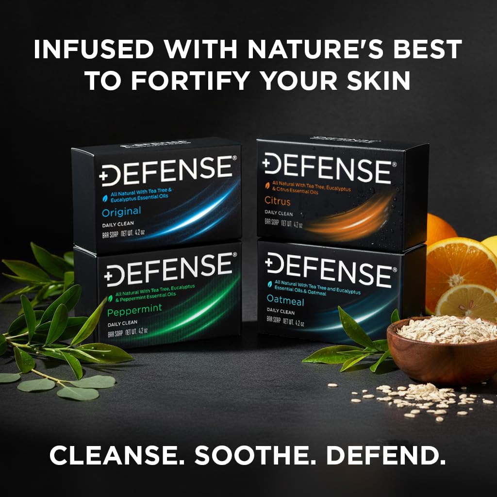 Defense Soap three oatmeal bars stacked display indicates multi-pack convenience