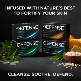Defense Soap three oatmeal bars stacked display indicates multi-pack convenience