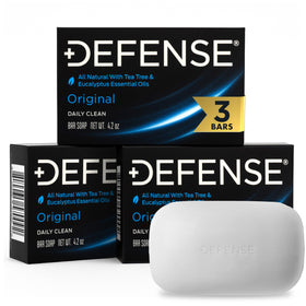 Defense Soap front packaging showing three original bars, convenient for athletes