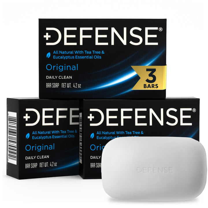 Defense Soap front packaging showing three original bars, convenient for athletes