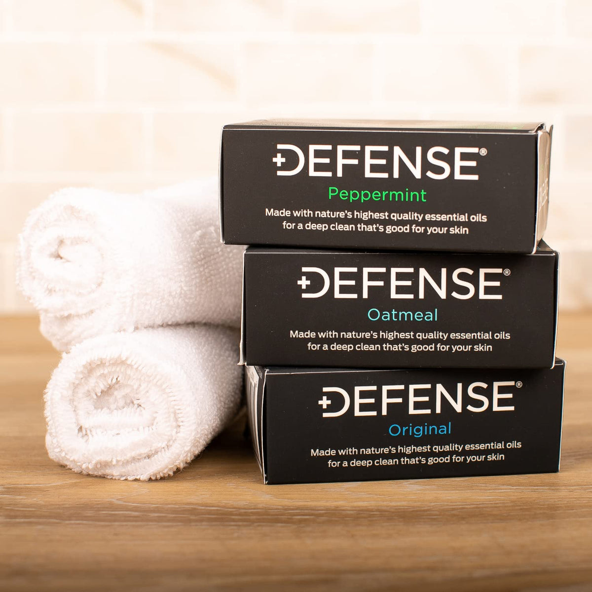 Defense Soap Original bar label close-up highlighting tea tree and eucalyptus cleansing benefit